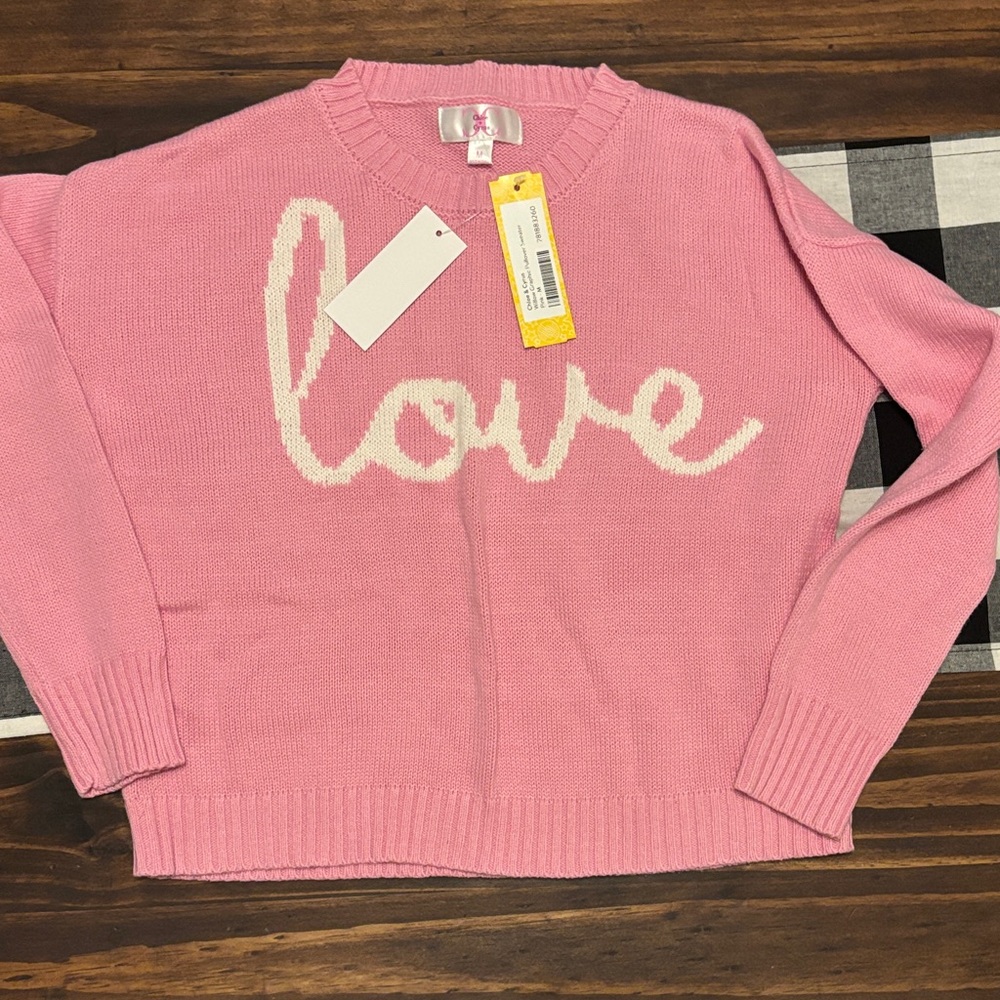 Chloe + Cyrus Willow graphic Pink Love Sweater medium new